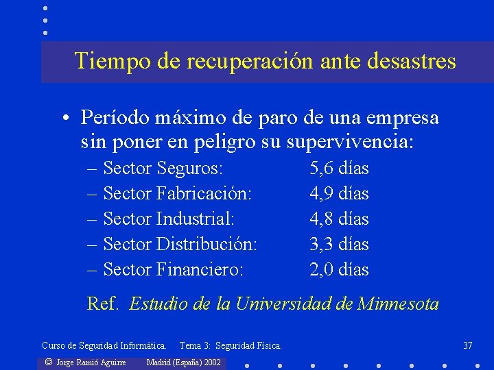 Tiempo de recuperación ante desastres • Período máximo de paro de una empresa sin