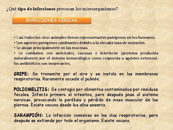 ¿Qué tipo de infecciones provocan los microorganismos? INFECCIONES VÍRICAS. • Casi todos los virus