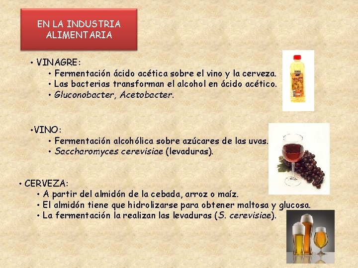 EN LA INDUSTRIA ALIMENTARIA • VINAGRE: • Fermentación ácido acética sobre el vino y