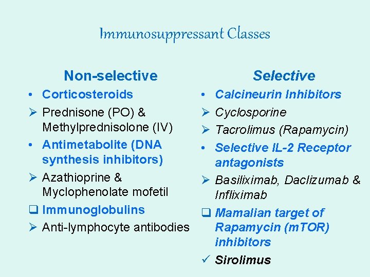 Immunosuppressant Classes Non-selective • Corticosteroids Ø Prednisone (PO) & Methylprednisolone (IV) • Antimetabolite (DNA