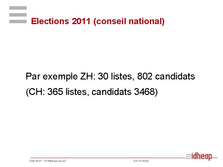 Elections 2011 (conseil national) Par exemple ZH: 30 listes, 802 candidats (CH: 365 listes,