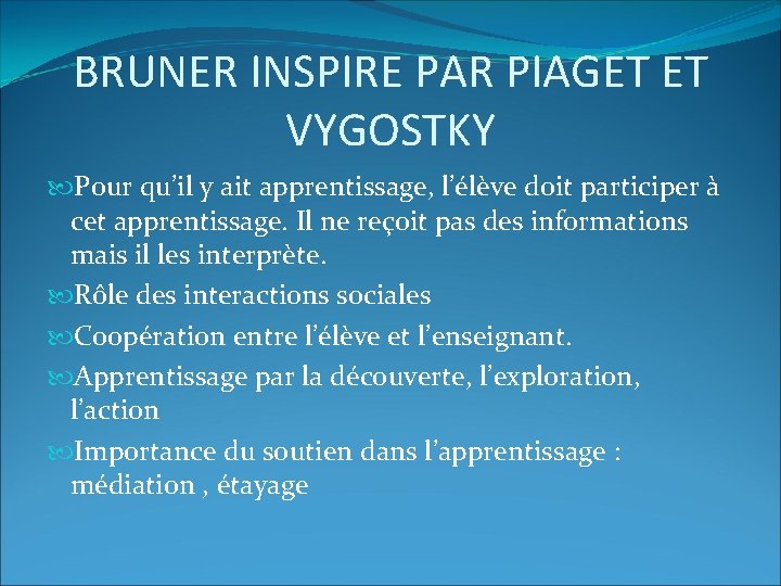 BRUNER INSPIRE PAR PIAGET ET VYGOSTKY Pour qu’il y ait apprentissage, l’élève doit participer