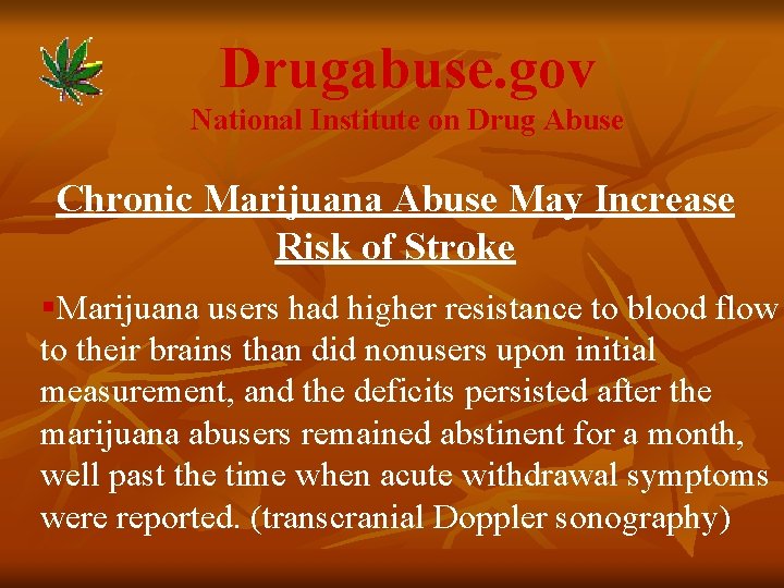 Drugabuse. gov National Institute on Drug Abuse Chronic Marijuana Abuse May Increase Risk of
