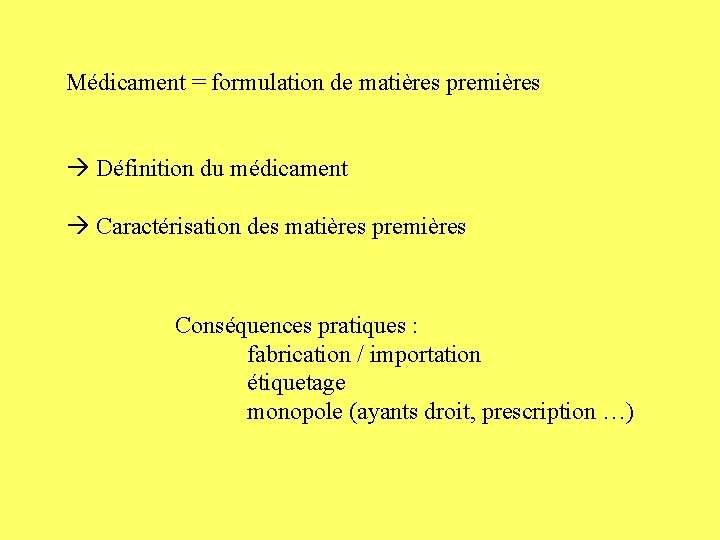 Médicament = formulation de matières premières Définition du médicament Caractérisation des matières premières Conséquences