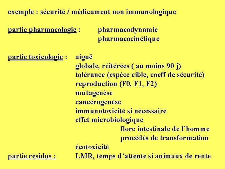 exemple : sécurité / médicament non immunologique partie pharmacologie : pharmacodynamie pharmacocinétique partie toxicologie