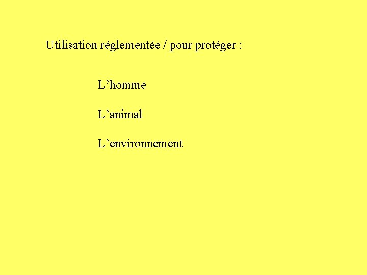 Utilisation réglementée / pour protéger : L’homme L’animal L’environnement 