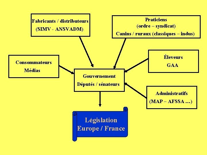 Praticiens (ordre – syndicat) Fabricants / distributeurs (SIMV - ANSVADM) Canins / ruraux (classiques