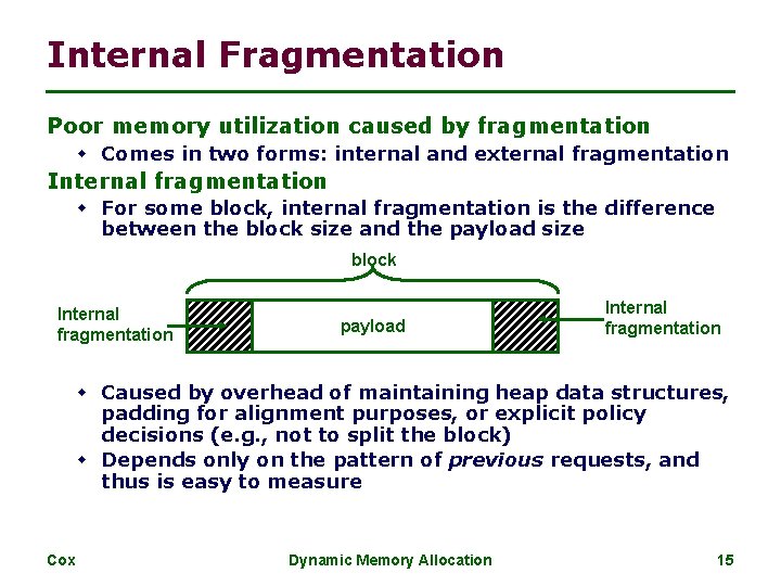 Internal Fragmentation Poor memory utilization caused by fragmentation w Comes in two forms: internal