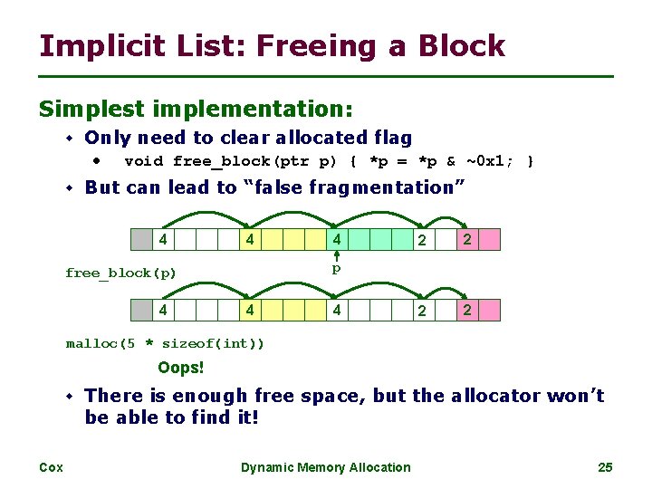 Implicit List: Freeing a Block Simplest implementation: w Only need to clear allocated flag