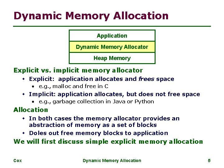 Dynamic Memory Allocation Application Dynamic Memory Allocator Heap Memory Explicit vs. implicit memory allocator