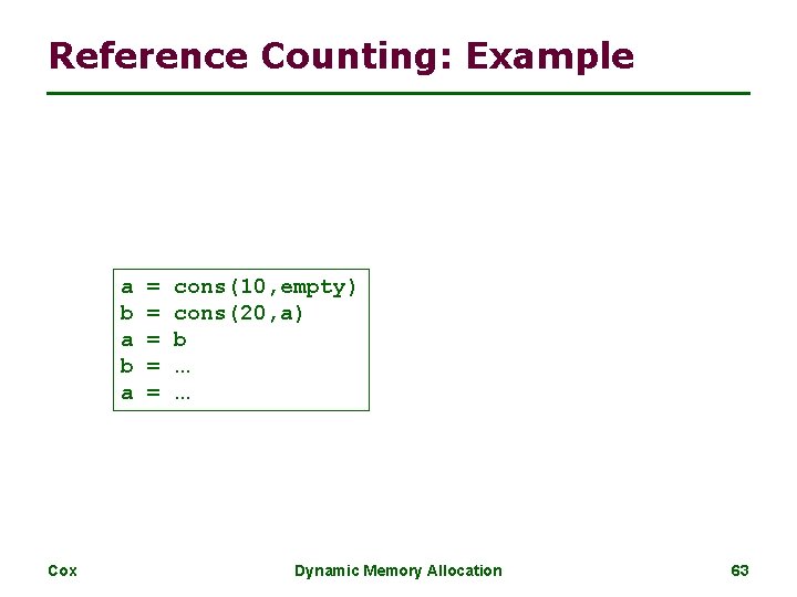 Reference Counting: Example a b a Cox = = = cons(10, empty) cons(20, a)