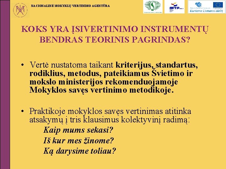 NACIONALINĖ MOKYKLŲ VERTINIMO AGENTŪRA KOKS YRA ĮSIVERTINIMO INSTRUMENTŲ BENDRAS TEORINIS PAGRINDAS? • Vertė nustatoma