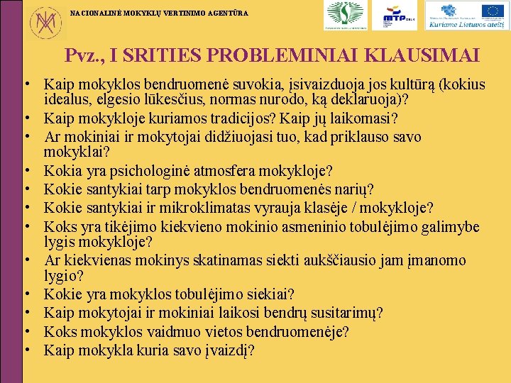 NACIONALINĖ MOKYKLŲ VERTINIMO AGENTŪRA Pvz. , I SRITIES PROBLEMINIAI KLAUSIMAI • Kaip mokyklos bendruomenė