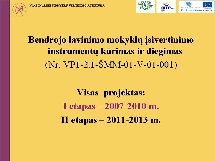 NACIONALINĖ MOKYKLŲ VERTINIMO AGENTŪRA Bendrojo lavinimo mokyklų įsivertinimo instrumentų kūrimas ir diegimas (Nr. VP