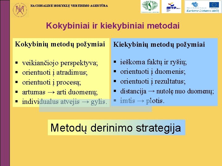 NACIONALINĖ MOKYKLŲ VERTINIMO AGENTŪRA Kokybiniai ir kiekybiniai metodai Kokybinių metodų požymiai Kiekybinių metodų požymiai