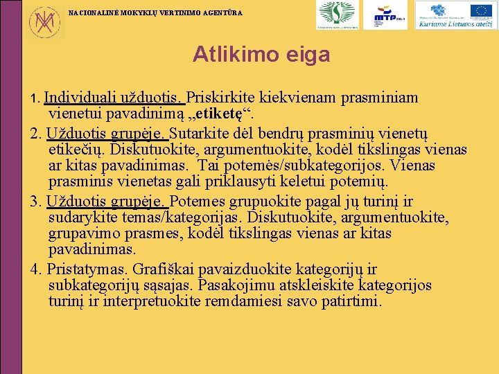 NACIONALINĖ MOKYKLŲ VERTINIMO AGENTŪRA Atlikimo eiga 1. Individuali užduotis. Priskirkite kiekvienam prasminiam vienetui pavadinimą