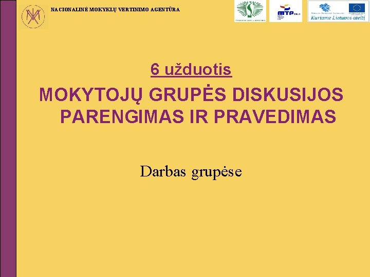 NACIONALINĖ MOKYKLŲ VERTINIMO AGENTŪRA 6 užduotis MOKYTOJŲ GRUPĖS DISKUSIJOS PARENGIMAS IR PRAVEDIMAS Darbas grupėse