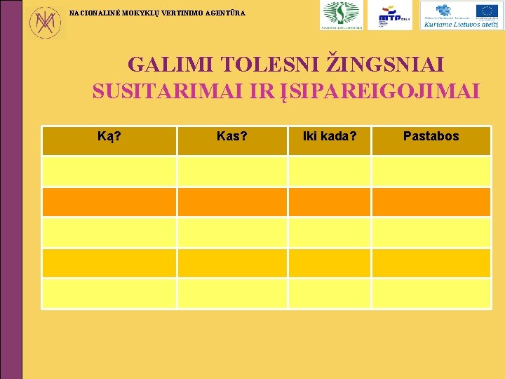 NACIONALINĖ MOKYKLŲ VERTINIMO AGENTŪRA GALIMI TOLESNI ŽINGSNIAI SUSITARIMAI IR ĮSIPAREIGOJIMAI Ką? Kas? Iki kada?