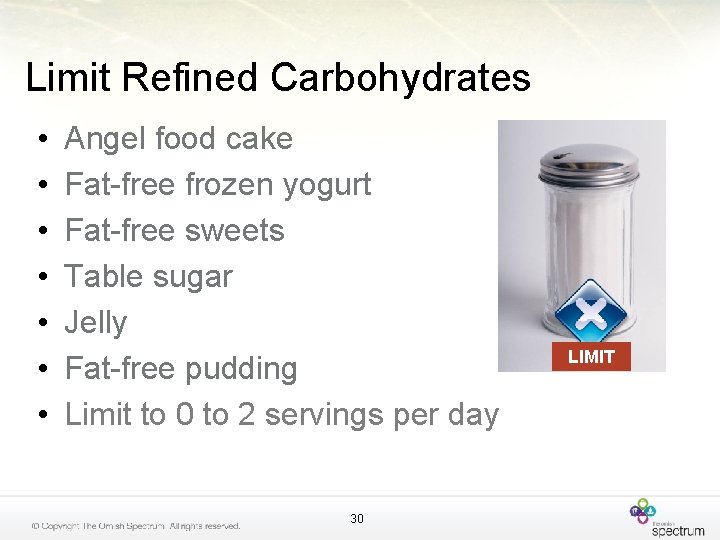 Limit Refined Carbohydrates • • Angel food cake Fat-free frozen yogurt Fat-free sweets Table