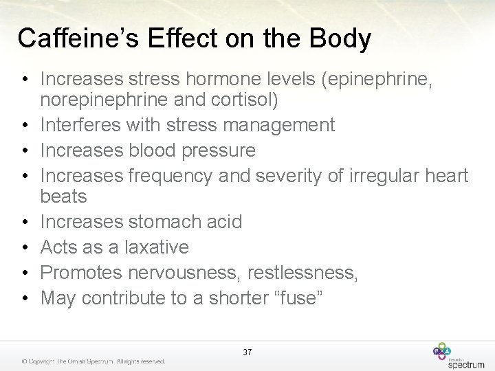Caffeine’s Effect on the Body • Increases stress hormone levels (epinephrine, norepinephrine and cortisol)