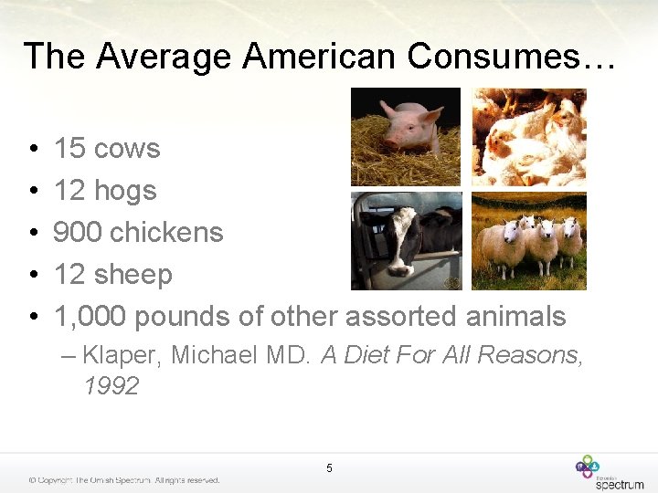 The Average American Consumes… • • • 15 cows 12 hogs 900 chickens 12