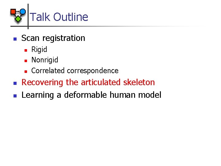 Talk Outline n Scan registration n n Rigid Nonrigid Correlated correspondence Recovering the articulated