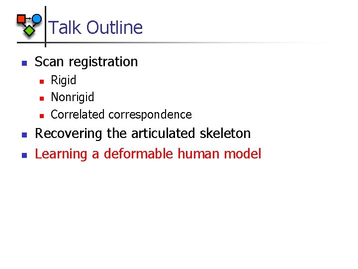 Talk Outline n Scan registration n n Rigid Nonrigid Correlated correspondence Recovering the articulated