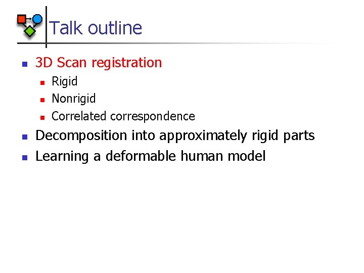 Talk outline n 3 D Scan registration n n Rigid Nonrigid Correlated correspondence Decomposition