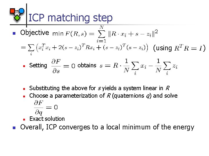 ICP matching step n Objective (using n obtains n Substituting the above for s