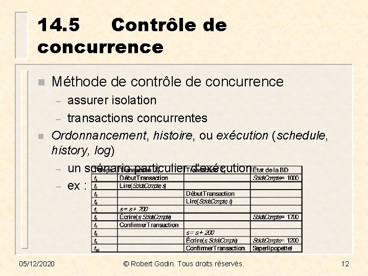 14. 5 Contrôle de concurrence n Méthode de contrôle de concurrence assurer isolation –