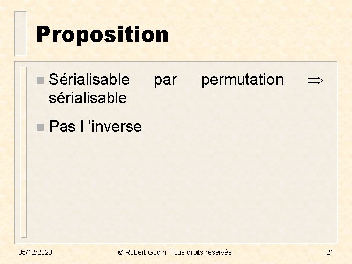 Proposition n Sérialisable sérialisable n Pas l ’inverse 05/12/2020 par permutation © Robert Godin.