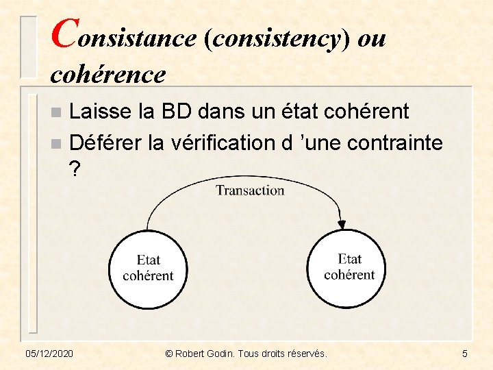 Consistance (consistency) ou cohérence Laisse la BD dans un état cohérent n Déférer la