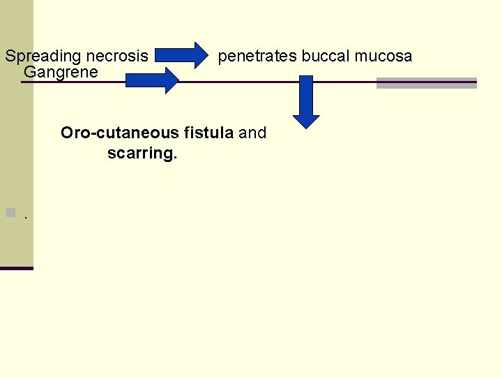 Spreading necrosis Gangrene penetrates buccal mucosa Oro-cutaneous fistula and scarring. n. 