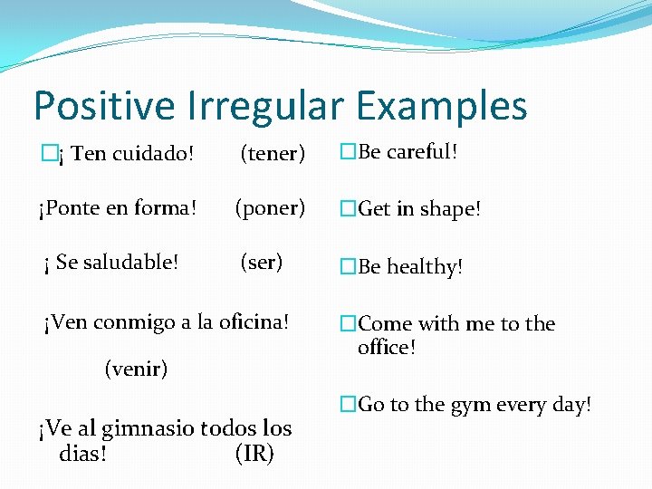 Positive Irregular Examples �¡ Ten cuidado! (tener) �Be careful! ¡Ponte en forma! (poner) �Get