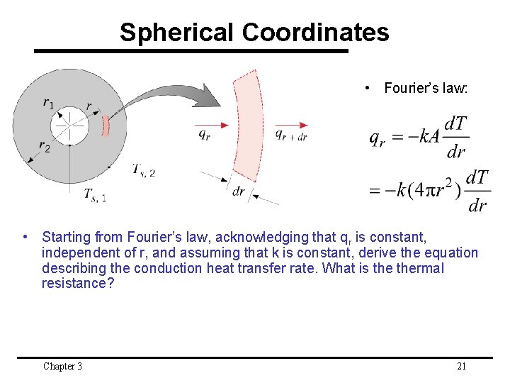 Spherical Coordinates • Fourier’s law: • Starting from Fourier’s law, acknowledging that qr is