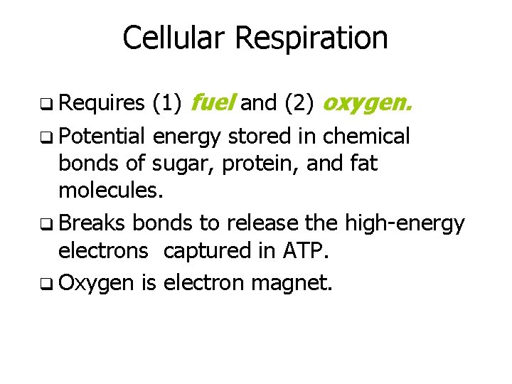 Cellular Respiration (1) fuel and (2) oxygen. q Potential energy stored in chemical bonds