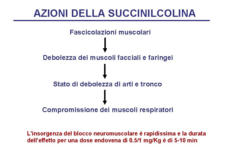 AZIONI DELLA SUCCINILCOLINA Fascicolazioni muscolari Debolezza dei muscoli facciali e faringei Stato di debolezza