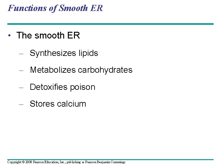 Functions of Smooth ER • The smooth ER – Synthesizes lipids – Metabolizes carbohydrates