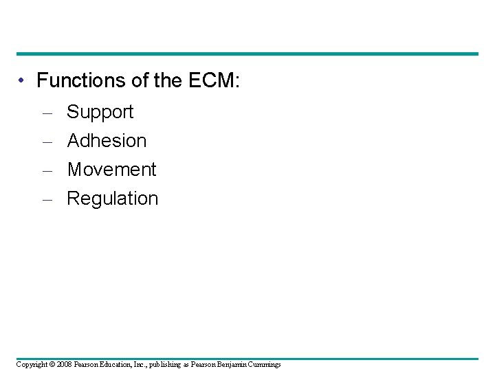  • Functions of the ECM: – – Support Adhesion Movement Regulation Copyright ©