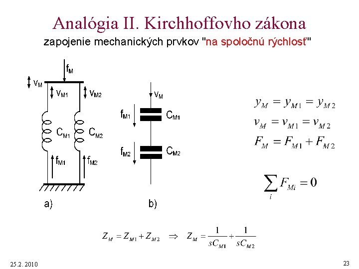 Analógia II. Kirchhoffovho zákona zapojenie mechanických prvkov "na spoločnú rýchlosť" 25. 2. 2010 23