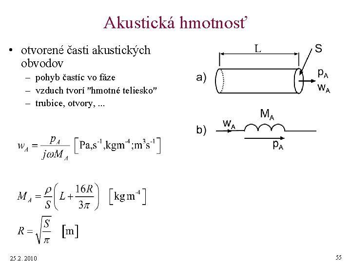 Akustická hmotnosť • otvorené časti akustických obvodov – pohyb častíc vo fáze – vzduch