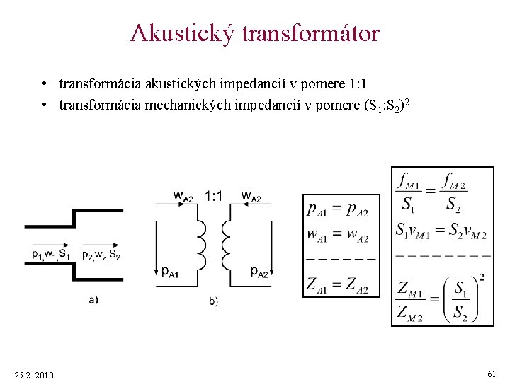 Akustický transformátor • transformácia akustických impedancií v pomere 1: 1 • transformácia mechanických impedancií