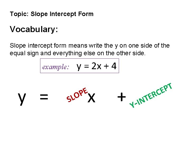 Topic: Slope Intercept Form Vocabulary: Slope intercept form means write the y on one