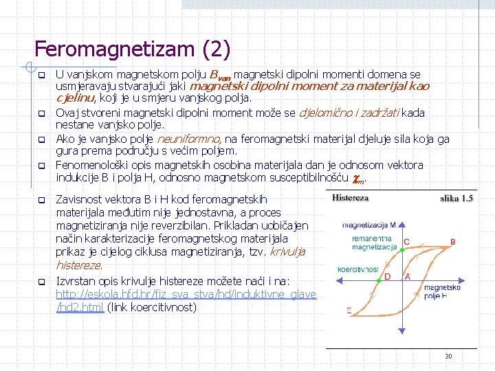 Feromagnetizam (2) U vanjskom magnetskom polju Bvan magnetski dipolni momenti domena se usmjeravaju stvarajući