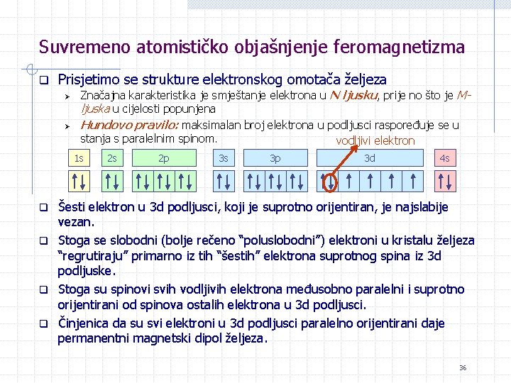 Suvremeno atomističko objašnjenje feromagnetizma q Prisjetimo se strukture elektronskog omotača željeza Ø Ø Značajna