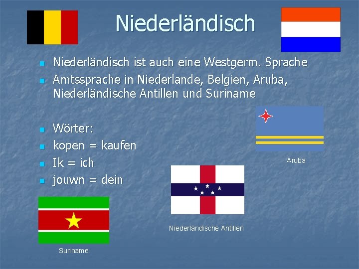 Niederländisch n n n Niederländisch ist auch eine Westgerm. Sprache Amtssprache in Niederlande, Belgien,