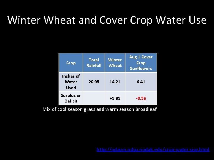 Winter Wheat and Cover Crop Water Use Crop Total Rainfall Winter Wheat Aug 1 Winter Wheat and Cover Crop Water Use Crop Total Rainfall Winter Wheat Aug 1