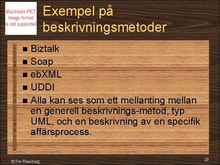 Exempel på beskrivningsmetoder Biztalk n Soap n eb. XML n UDDI n Alla kan