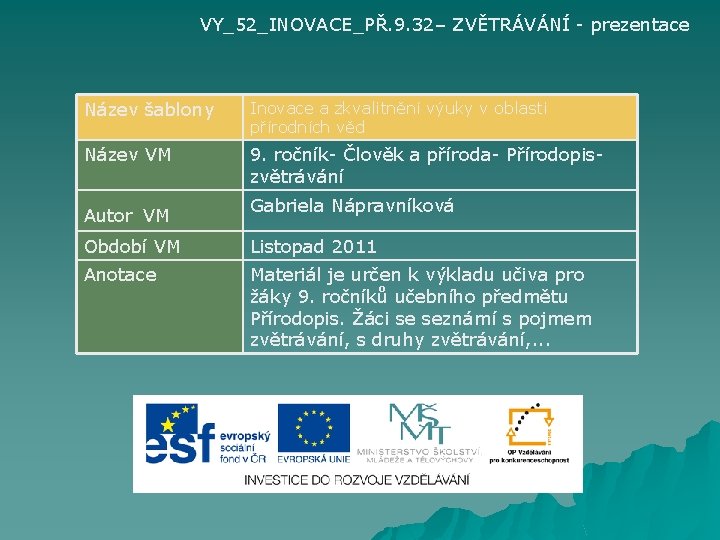 VY_52_INOVACE_PŘ. 9. 32– ZVĚTRÁVÁNÍ - prezentace Název šablony Inovace a zkvalitnění výuky v oblasti