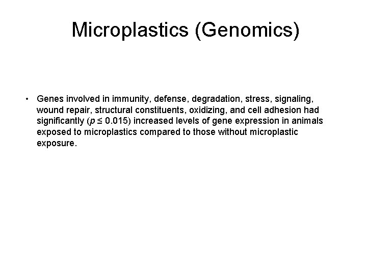 Microplastics (Genomics) • Genes involved in immunity, defense, degradation, stress, signaling, wound repair, structural